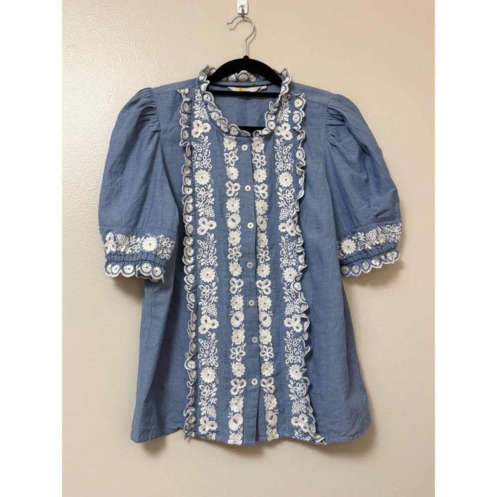 Boden Blue Chambray Floral Embroidered Eyelet Ruffle Puff Sleeve Blouse US 12